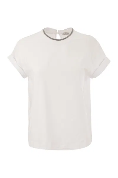 Brunello Cucinelli Elegant Contrast-trim Cotton T-shirt For Women In White
