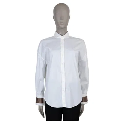 Pre-owned Brunello Cucinelli White Cotton 2019 Monili Satin Cuff Button-up Shirt S