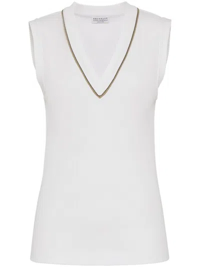 BRUNELLO CUCINELLI WHITE COTTON BLENDED SLEEVELESS T-SHIRT