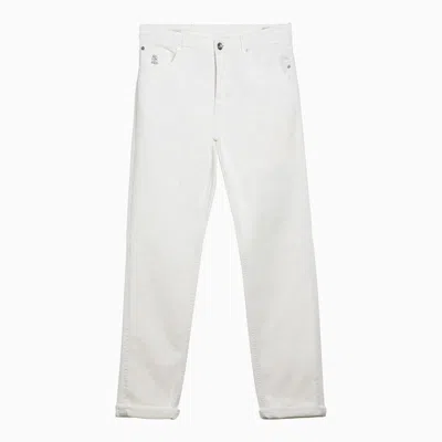 BRUNELLO CUCINELLI WHITE COTTON DENIM REGULAR JEANS FOR MEN WITH BELT LOOPS, ZIP & BUTTON FLY, AND CLASSIC POCKETS