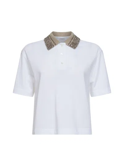Brunello Cucinelli White Cotton Jersey Dazzling Knit Collar Polo Shirt