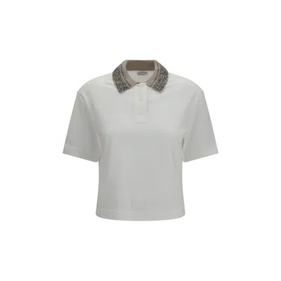 Brunello Cucinelli Cotton Jersey Polo With Dazzling Knit Collar In White