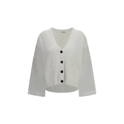 Brunello Cucinelli Ribbed Cardigan With Organza Sleeves In White