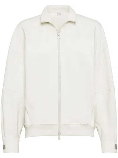 Brunello Cucinelli White Cotton Zipped Sweatshirt