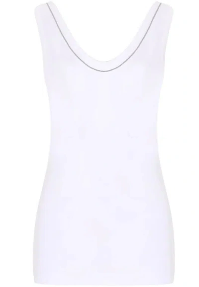 Brunello Cucinelli White Crystal Embellished Cotton Top