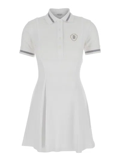 Brunello Cucinelli White Dress With Logo Embroidered On The Front And Flared Design In Cotton Woman
