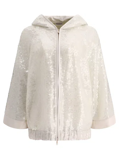 BRUNELLO CUCINELLI WHITE EMBROIDERED HOODED SWEATER