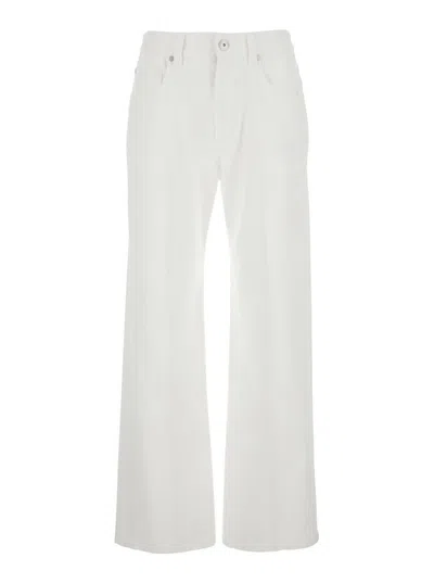 BRUNELLO CUCINELLI WHITE FIVE-POCKET PATNS WITH LOGO PATCH ON THE BACK