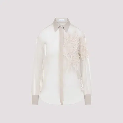 BRUNELLO CUCINELLI WHITE FLORAL-EMBROIDERY COTTON SHIRT
