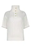 Brunello Cucinelli White High Neck Sweater With Perforated Design In White