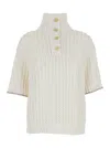 Brunello Cucinelli White High Neck Sweater With Perforated Design In Multicolor