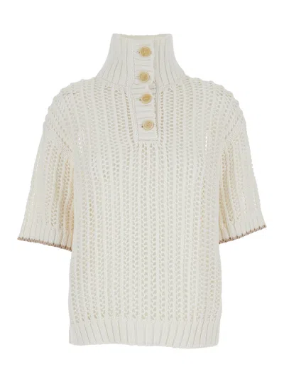 Brunello Cucinelli White High Neck Sweater With Perforated Design In Cotton Woman