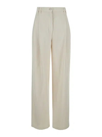 Brunello Cucinelli White High-waisted Straight Leg Trousers In Cotton Blend Woman