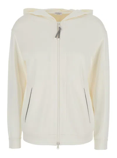 Brunello Cucinelli White Hoodie With Zip Closure In Cotton And Silk Blend Woman