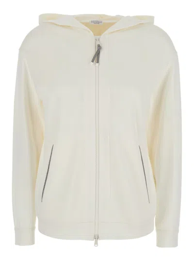 Brunello Cucinelli White Hoodie With Zip Closure In Cotton And Silk Blend Woman