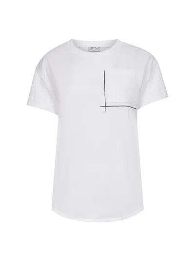 Brunello Cucinelli White Jersey Shiny Pocket Detail T-shirt