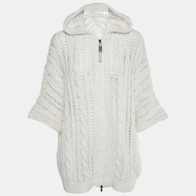 Pre-owned Brunello Cucinelli White Jute Crochet Moneli Detail Cardigan S