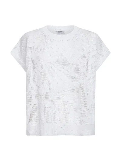 Brunello Cucinelli White Knit Dazzling Water Lillies T-shirt