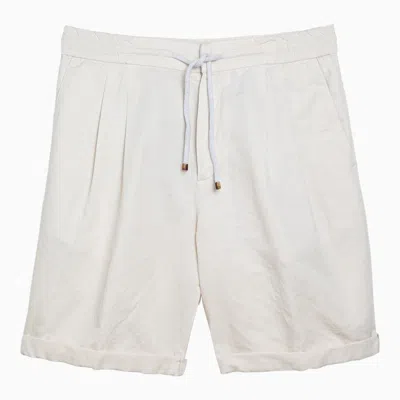 Brunello Cucinelli Straight-leg Pleated Herringbone Cotton And Linen-blend Drawstring Bermuda Shorts In White