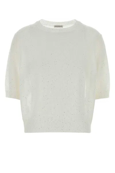 Brunello Cucinelli White Linen Blend Sweater In Neutral
