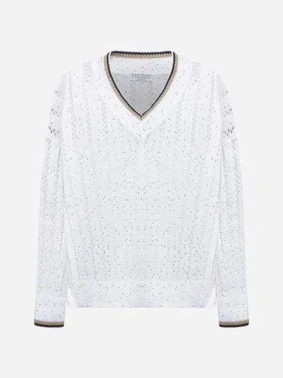 BRUNELLO CUCINELLI WHITE LINEN DAZZLING RIBBED NET SWEATER