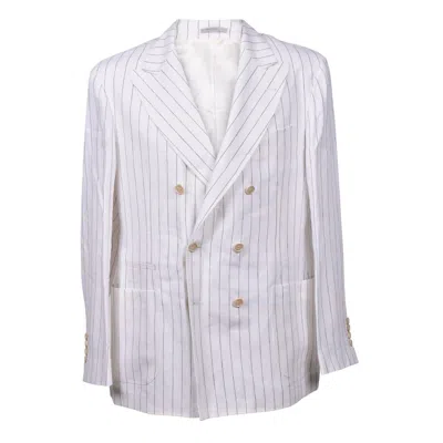 Brunello Cucinelli White Linen Double-breasted Striped Blazer