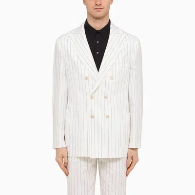 BRUNELLO CUCINELLI BRUNELLO CUCINELLI WHITE LINEN PINSTRIPE DOUBLE BREASTED JACKET