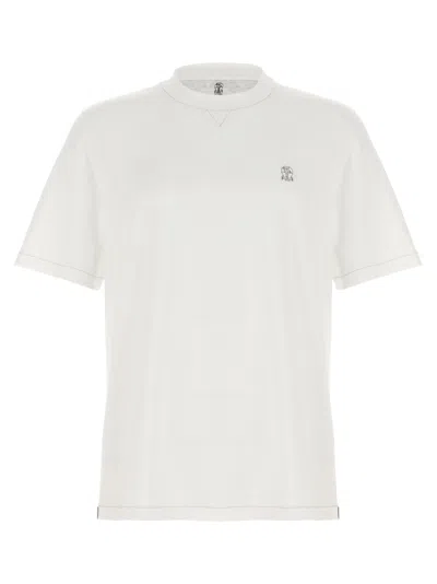 BRUNELLO CUCINELLI WHITE LOGO EMBROIDERY T-SHIRT