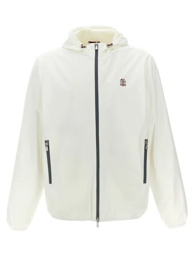 Brunello Cucinelli Waterproof Logo Jacket With Hood And Pockets In White