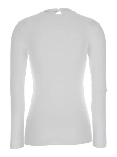 Brunello Cucinelli White Long-sleeve Top With Monile Detail In Ribbed Stretch Cotton Woman