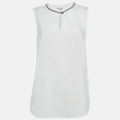 Pre-owned Brunello Cucinelli White Monili Neck Detail Silk Sleeveless Top M