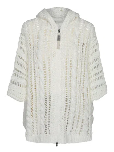 Brunello Cucinelli White Panama Crochet Cardigan In Brown