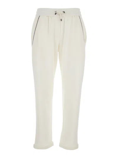 BRUNELLO CUCINELLI BRUNELLO CUCINELLI WOMEN WHITE PANTS WITH ELASTIC DRAWSTRING WAIST AND MONILE DETAIL ON THE POCKETS 