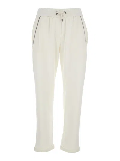 BRUNELLO CUCINELLI WHITE PANTS WITH ELASTIC DRAWSTRING WAIST AND MONILE DETAIL ON THE POCKETS IN COTTON WOMAN