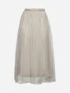 Brunello Cucinelli White Pleated Midi Shiny Waistband Skirt In Cold Beige
