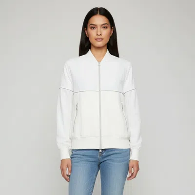 Pre-owned Brunello Cucinelli White Poplin Paneled Monili Trim Bomber Jacket M