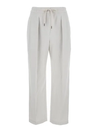 BRUNELLO CUCINELLI WHITE RELAXED PANTS WITH DRAWSTRING IN COTTON AND LINEN WOMAN