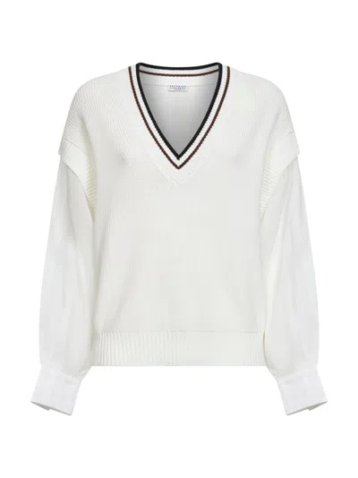 Brunello Cucinelli White Ribbed Cotton Knit Sweater With Organza Sleeves