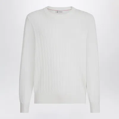 Brunello Cucinelli White Ribbed Cotton Sweater In Multi