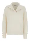 Brunello Cucinelli White Ribbed Knit Sweater With V Neck In Wool And Cashmere Blend Woman In Brown