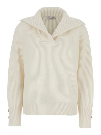 BRUNELLO CUCINELLI WHITE RIBBED KNIT SWEATER WITH V NECK IN WOOL AND CASHMERE BLEND WOMAN