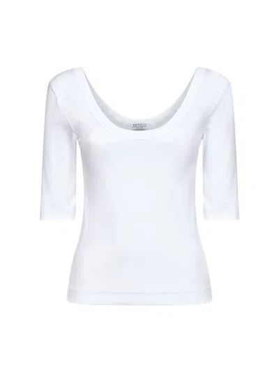 Brunello Cucinelli White Ribbed Stretch Jersey Monili T-shirt