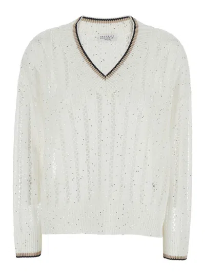 Brunello Cucinelli White Sequin Sweater With Ribbed V Neck In Linen Blend Woman