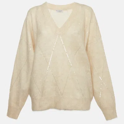 Pre-owned Brunello Cucinelli White Sequins Embellished Wool Blend Knit Sweater Xl