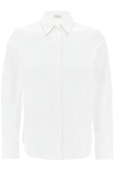 Brunello Cucinelli Women's Stretch Cotton Poplin Shirt With Shiny Collar In White