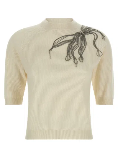 Brunello Cucinelli White Shiny Flower Embroidery Sweater In Gray