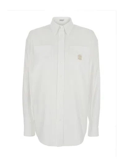 Brunello Cucinelli White Shirt With Classic Collar And Embroidered Logo On The Chest In Cotton Woman