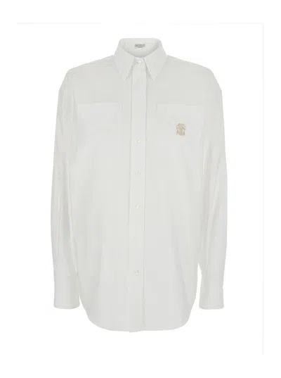 BRUNELLO CUCINELLI WHITE SHIRT WITH CLASSIC COLLAR AND EMBROIDERED LOGO ON THE CHEST IN COTTON WOMAN