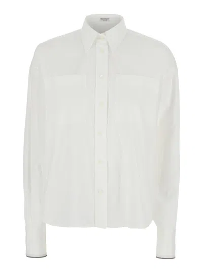 Brunello Cucinelli White Shirt With Classic Collar And Front Pockets In Cotton Woman