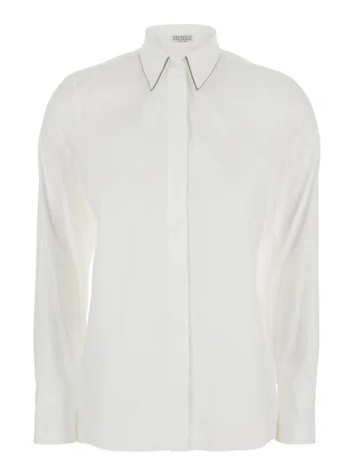 Brunello Cucinelli White Shirt With Pointed Collar And Monil Detail On The Collar In Cotton Blend Woman